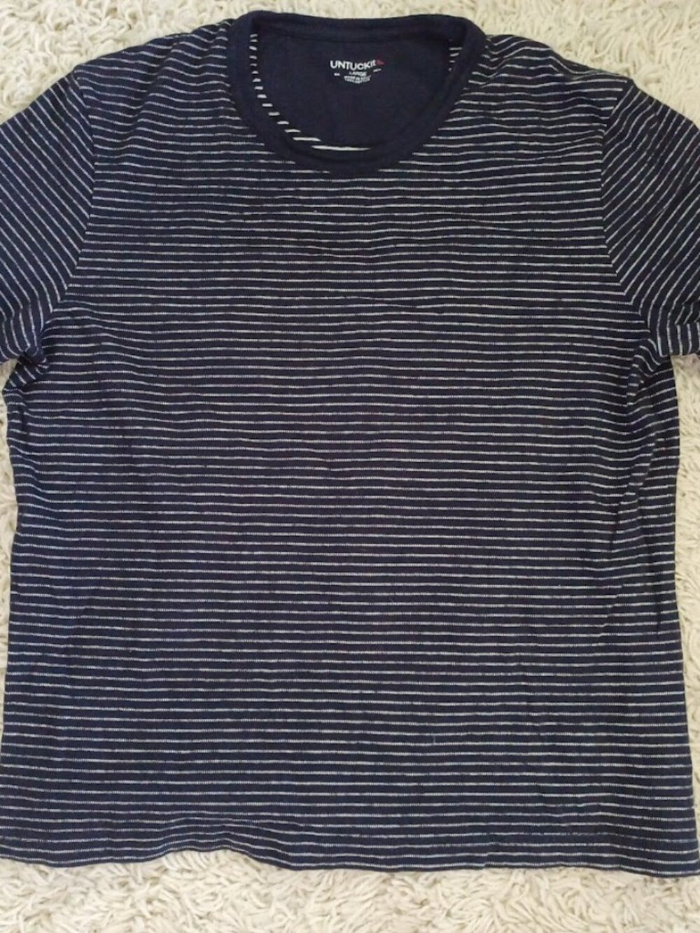UNTUCKit Men's Large Navy White Stripe Long Sleeve Crew Neck Cotton T-Shirt